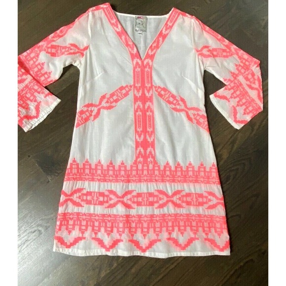 YOANA BARASCHI WHITE/NEON PINK "EMBROIDERED" DRESS RESORT~COVER UP~XS - Picture 1 of 4